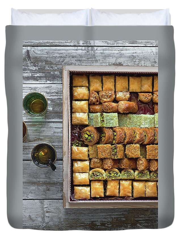 Black Tea Duvet Cover featuring the photograph Box Of Baklava by A.y. Photography