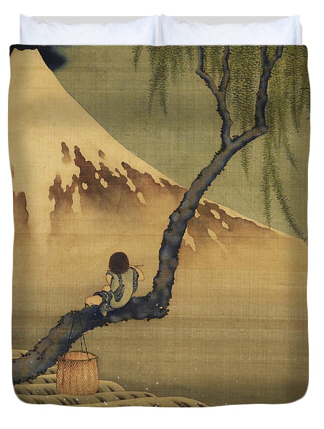Katsushika Hokusai Duvet Cover featuring the painting Boy Viewing Mount Fuji by Katsushika Hokusai