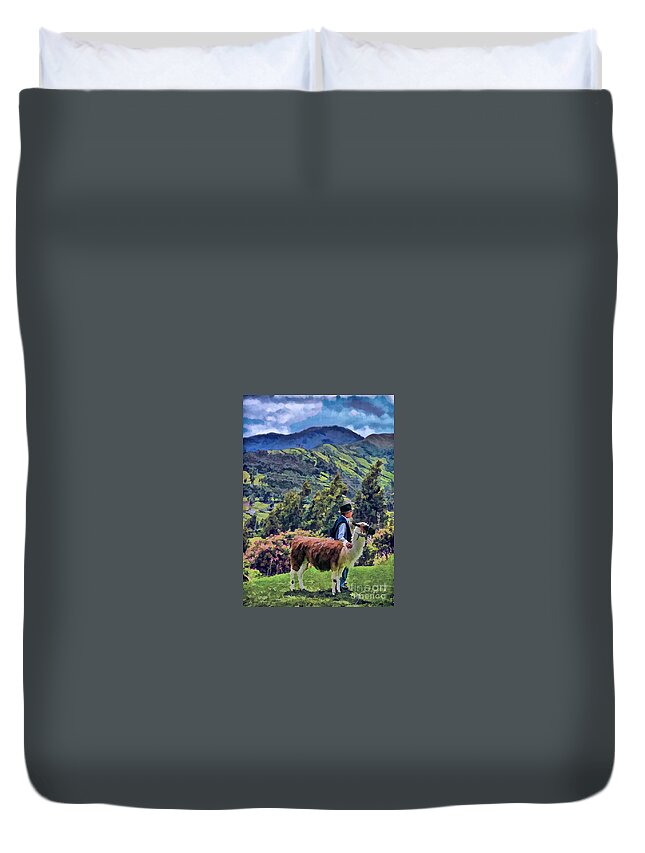 Julia Springer Duvet Cover featuring the photograph Boy with Llama by Julia Springer