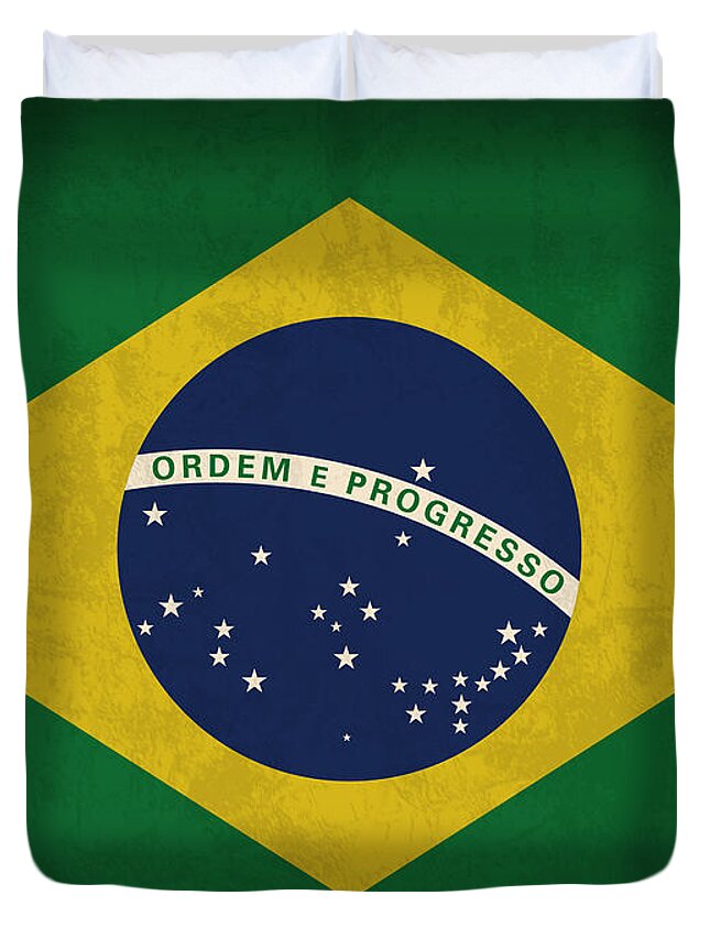 Brazil Flag Duvet Cover featuring the mixed media Brazil Flag Vintage Distressed Finish by Design Turnpike