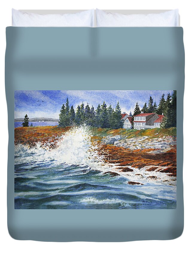 Seascape Duvet Cover featuring the painting Breakers at Pemaquid by Roger Rockefeller