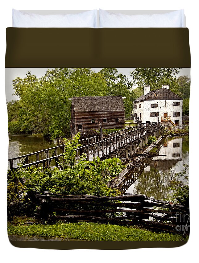 Philipsburg Manor Mill House Wooden Bridge Landscape Photo Duvet Cover featuring the photograph Bridge to Philipsburg Manor Mill House by Jerry Cowart