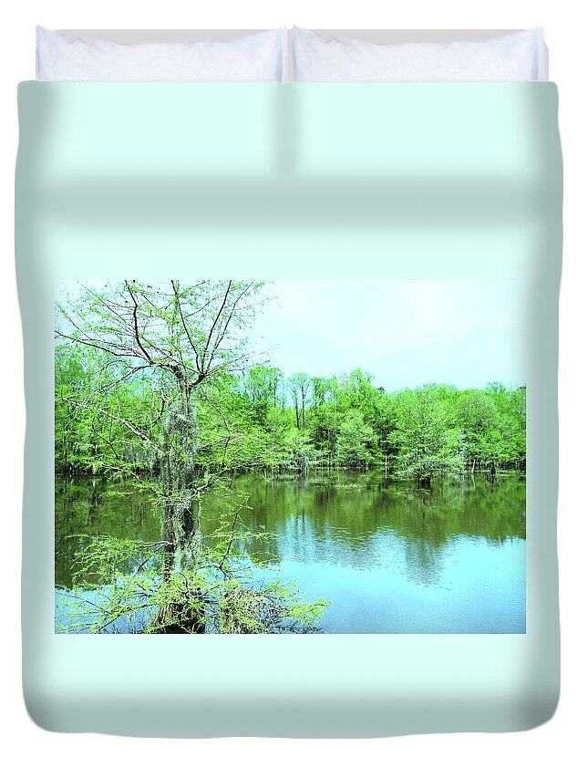 #millpond #cypress #green #summerday #centralgeorgia #serenity #reflections #oakfieldgeorgia #water #fishing #snakes #alligator Duvet Cover featuring the photograph Bright Green Mill Pond Cypress Reflections by Belinda Lee
