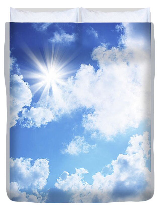 Dramatic Sky Duvet Cover featuring the photograph Bright Sun In Blue Sky by Blackred
