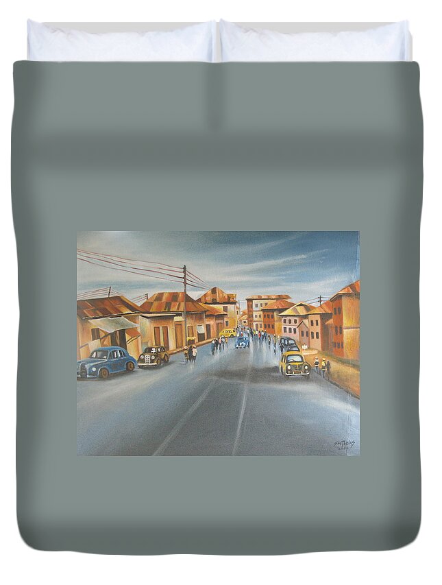 Blue Duvet Cover featuring the painting Broad street lagos 1951 by Olaoluwa Smith
