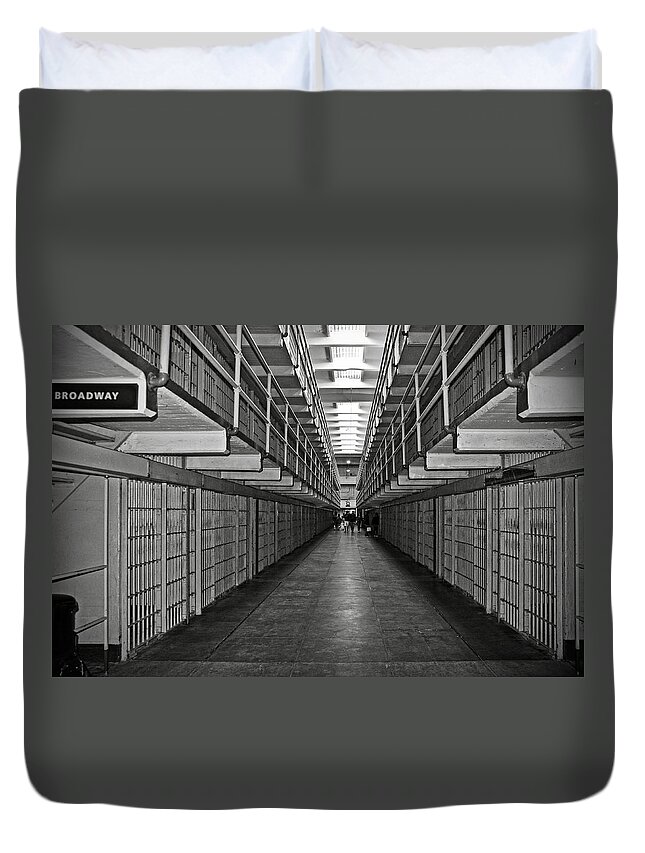 Cell Duvet Cover featuring the photograph Broadway walkway in Alcatraz prison by RicardMN Photography