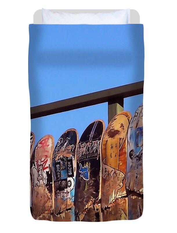 Cayucos Duvet Cover featuring the photograph Broken Skateboard Fence by Art Block Collections