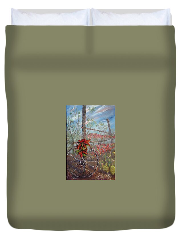 Wheel Duvet Cover featuring the painting Broken Wheel and Chili by Sherry Strong