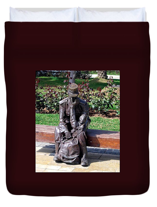 Mailman Duvet Cover featuring the photograph Bronze Mailman Resting by Jay Milo