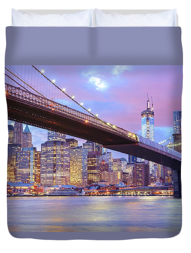 Nyc Duvet Cover featuring the photograph Brooklyn Bridge and New York City Skyscrapers by Vivienne Gucwa