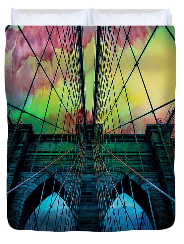 Brooklyn Bridge Duvet Cover featuring the digital art Psychedelic Skies by Az Jackson