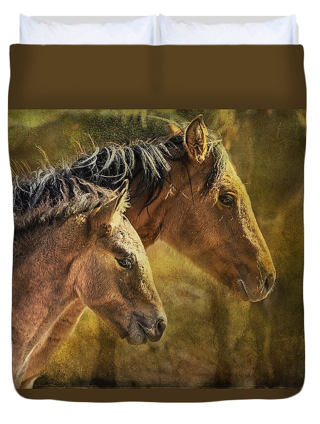 Pryor Mustangs Duvet Cover featuring the photograph Brothers by Belinda Greb