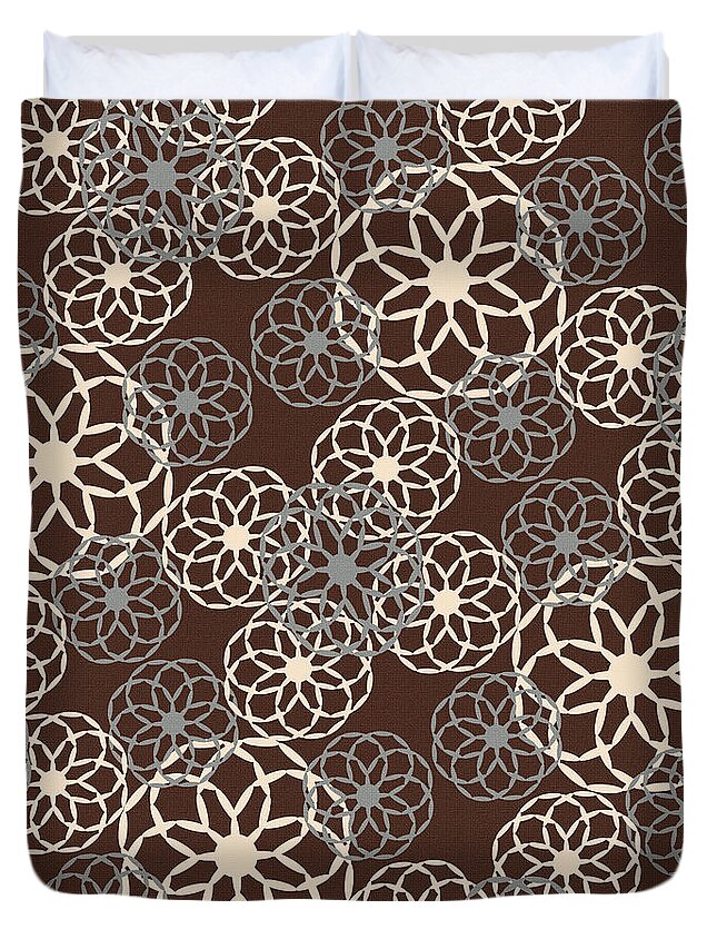 Brown Duvet Cover featuring the mixed media Brown and Silver Floral Pattern by Christina Rollo