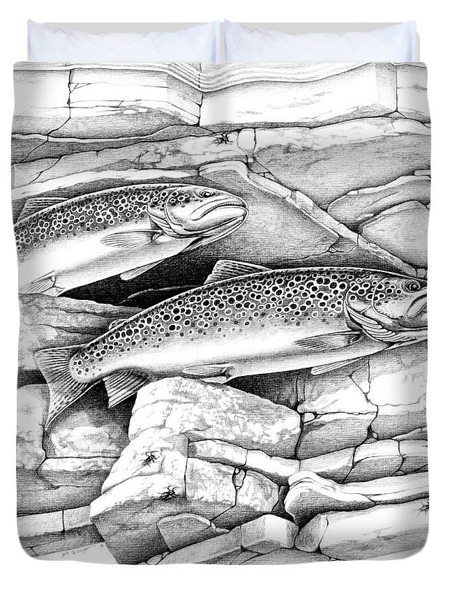 Jon Q Wright Duvet Cover featuring the painting Brown Trout Pencil Study by JQ Licensing