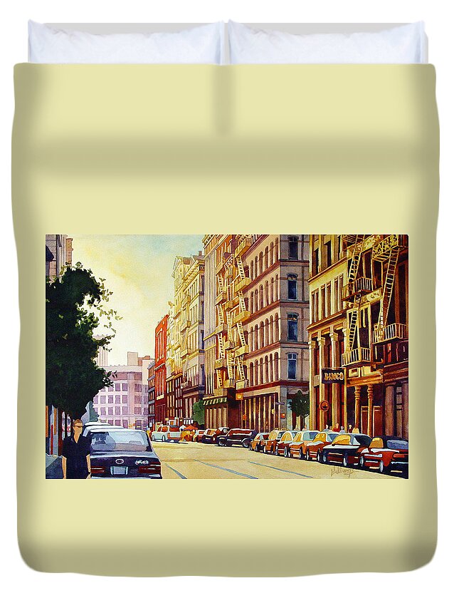 Watercolor Duvet Cover featuring the painting Brownstone Sunset by Mick Williams