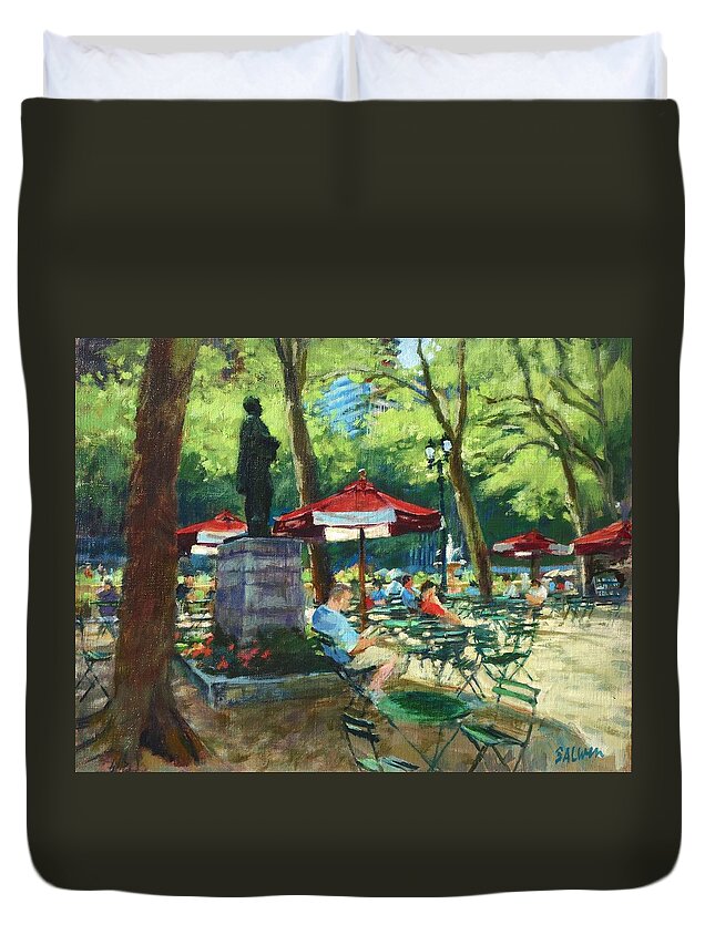 Landscape Duvet Cover featuring the painting Bryant Park - The Reading Room by Peter Salwen