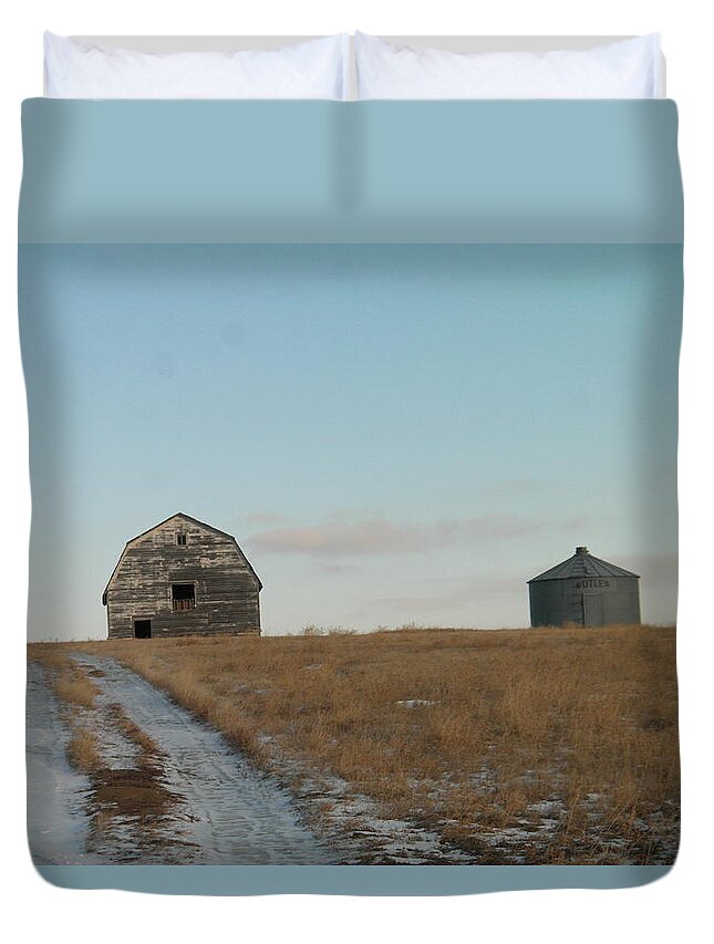Barn Duvet Cover featuring the photograph Barn and silo at the end of the road by Jeff Swan