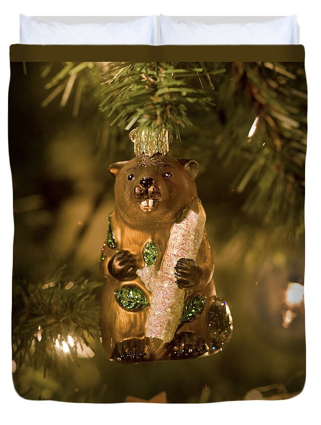 Christmas Ornament Duvet Cover featuring the photograph Bucky the Beaver at Christmas by Rich Franco