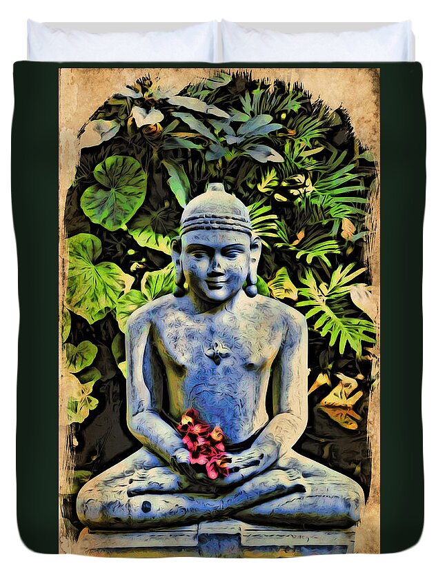 Buddha Duvet Cover featuring the painting Buddha in Garden by Joan Reese