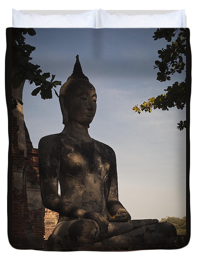 Ayuthaya Duvet Cover featuring the photograph Buddha in Wat Mahathat by Maria Heyens