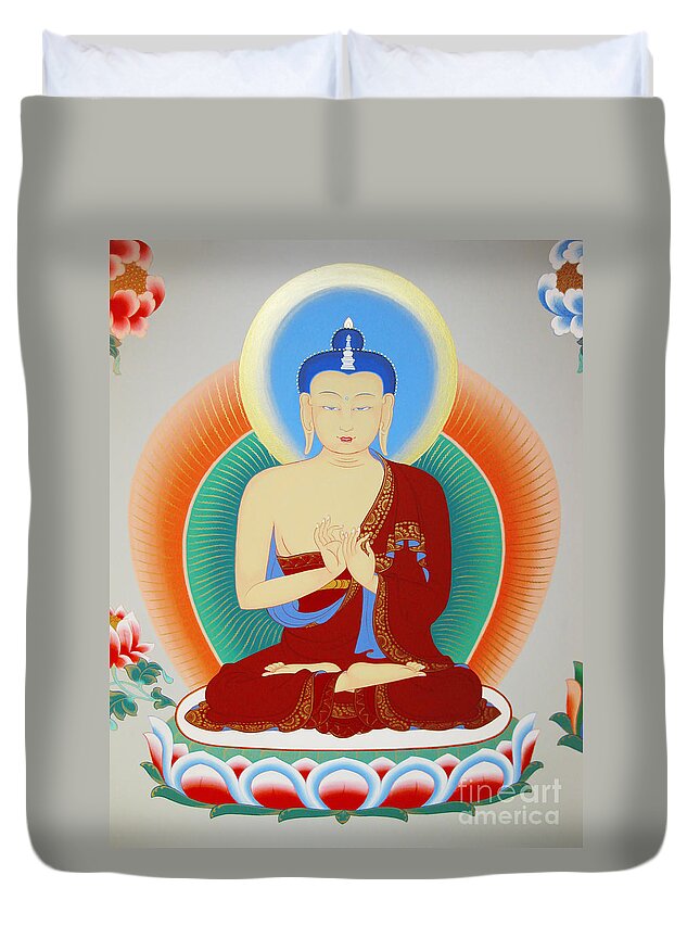 Thangka Duvet Cover featuring the painting Buddha Maitreya by Sergey Noskov