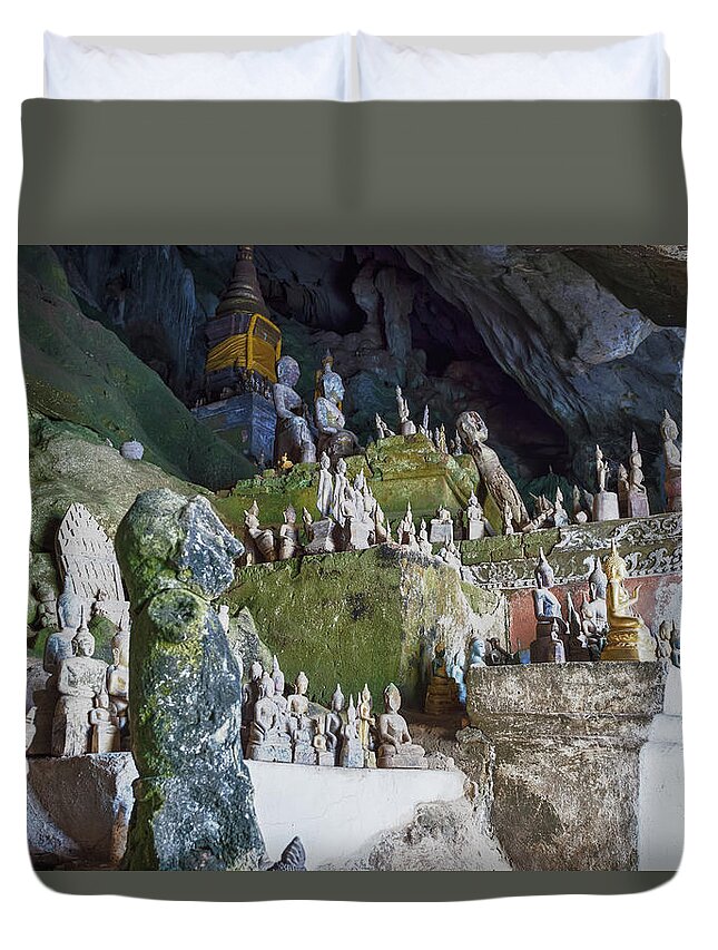 Statue Duvet Cover featuring the photograph Buddhas In Pak Ou Cave, Luang Prabang by Fototrav