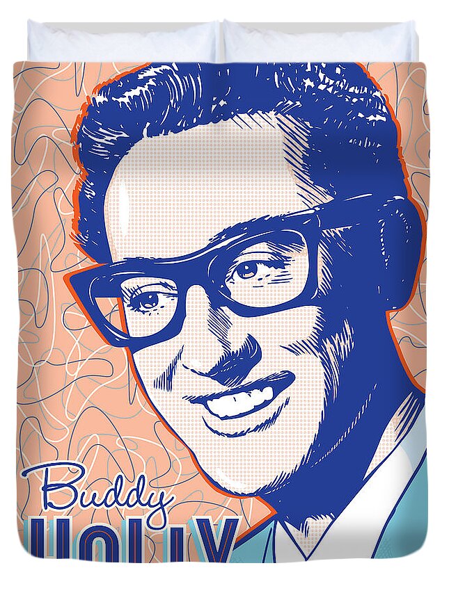 Rock And Roll Duvet Cover featuring the digital art Buddy Holly Pop Art by Jim Zahniser