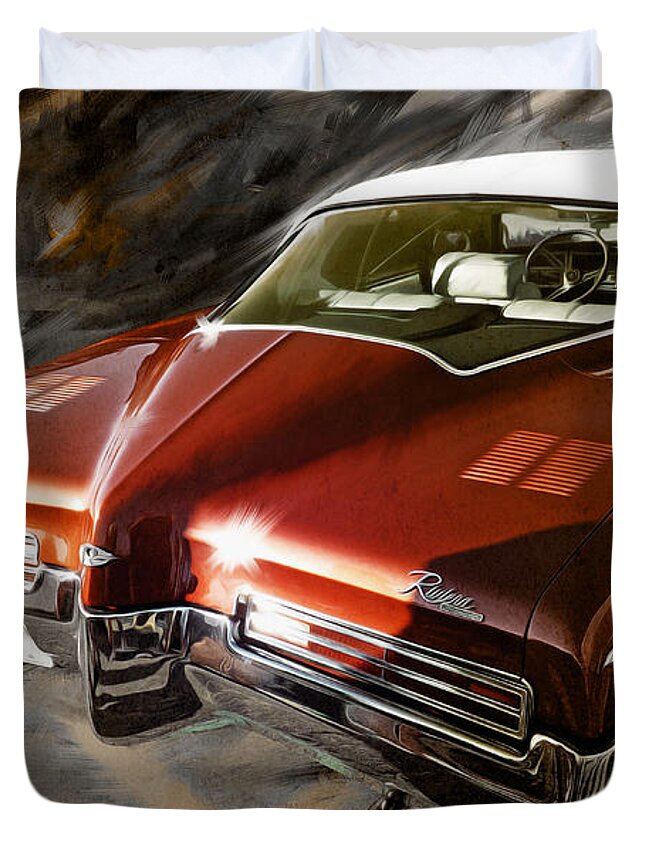 Car Enthusiast Duvet Cover featuring the digital art 1971 Buick Riviera in Maroon by Garth Glazier