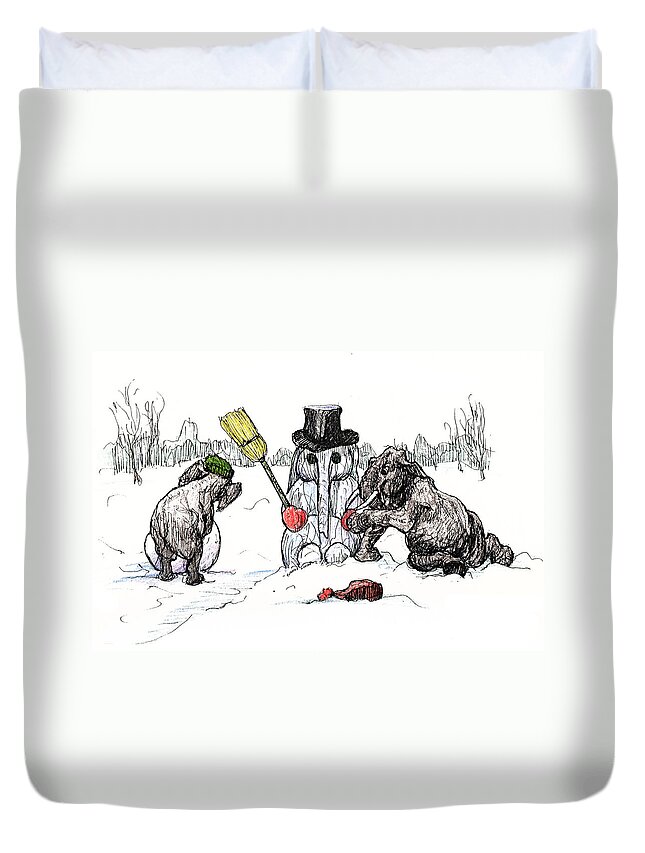 Pen And Ink Duvet Cover featuring the painting Building a Snow Elephant by Donna Tucker