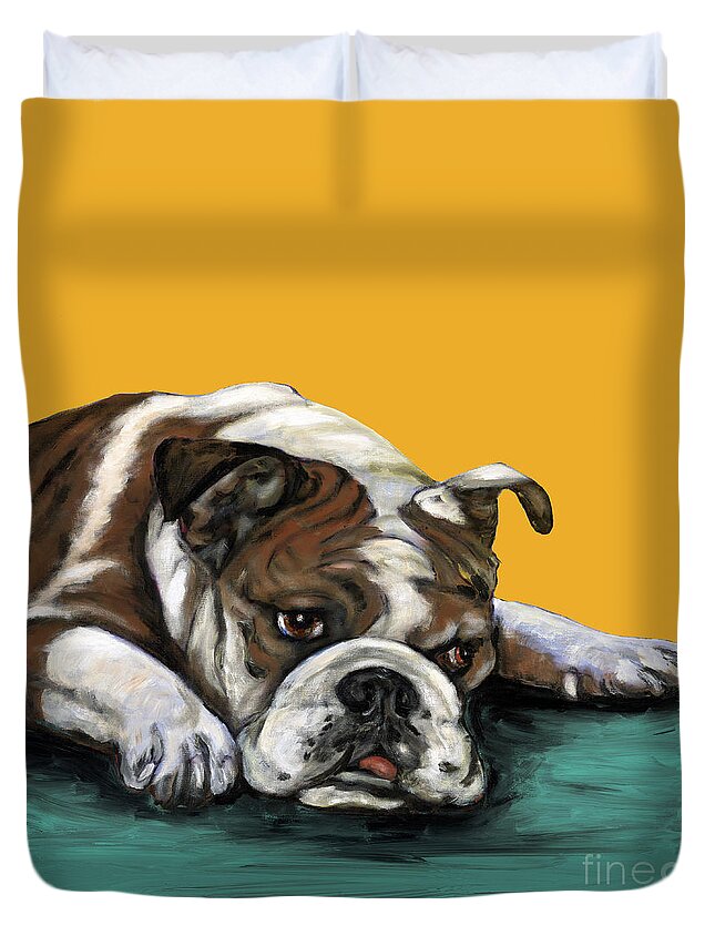 Bull Dog Duvet Cover featuring the painting Bulldog On Yellow by Dale Moses
