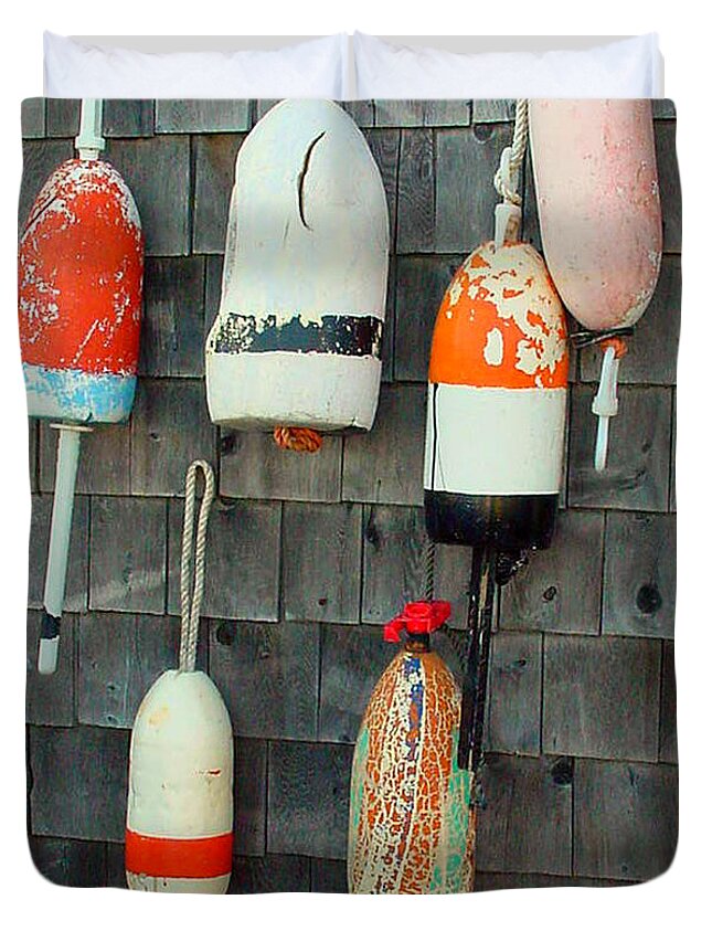 Ocean Duvet Cover featuring the mixed media Buoys on the Wall by Art MacKay