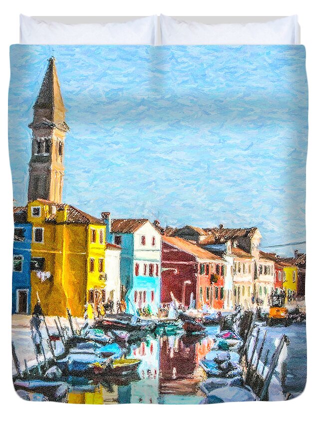 Chiesa San Martino Duvet Cover featuring the digital art Burano canal by Liz Leyden