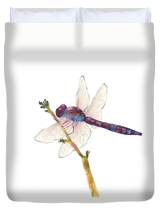 Red Duvet Cover featuring the painting Burgundy Dragonfly by Amy Kirkpatrick