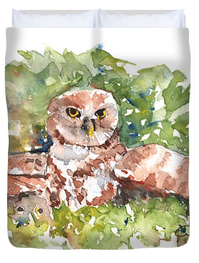 Owl Duvet Cover featuring the painting Burrowing Owl 3 by Claudia Hafner