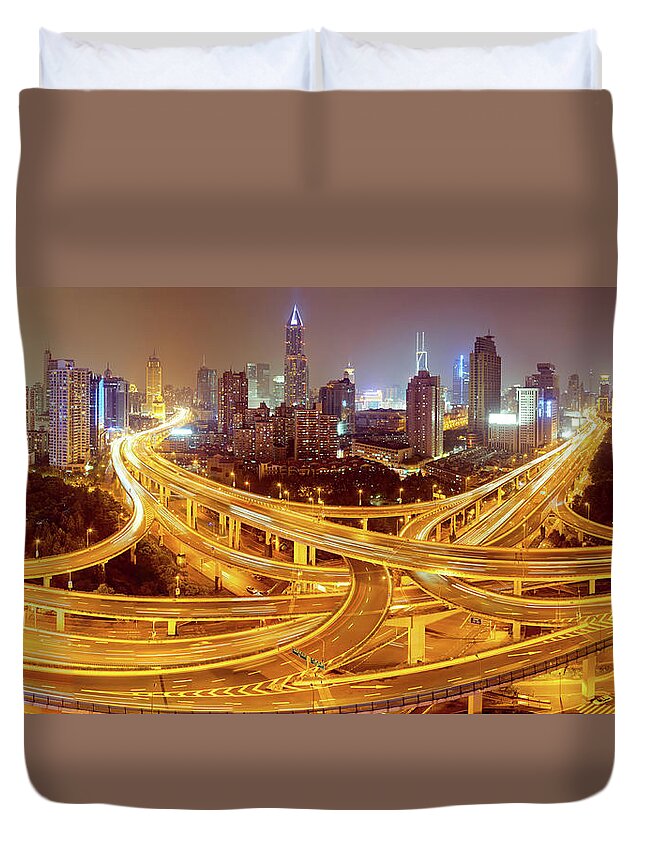 Forked Road Duvet Cover featuring the photograph Busy Traffic Over Overpass At Night by Pan Hong