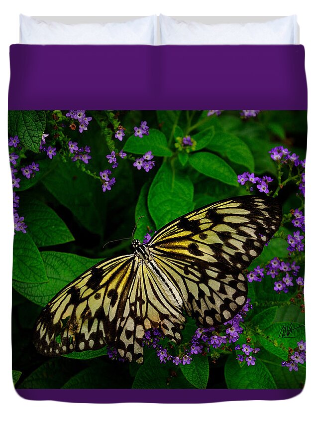 Butterfly Duvet Cover featuring the digital art Butterfly - Yellow Green Purple by Mark Valentine