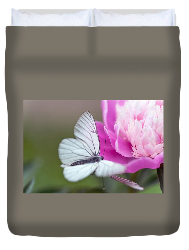 Flower Duvet Cover featuring the photograph Butterfly Love Dance on Peony by Jenny Rainbow