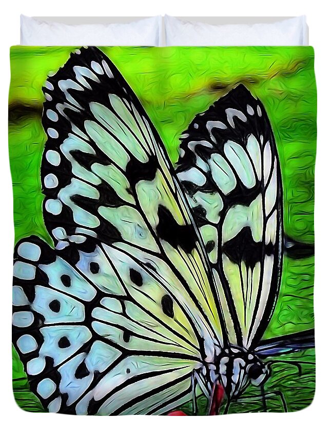 Butterfly Duvet Cover featuring the painting Butterfly on A Lily Pad by Jon Volden