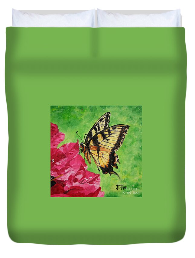 Butterfly Duvet Cover featuring the painting Butterfly on Bougainvillea by Jimmie Bartlett