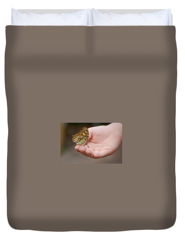 Hand Duvet Cover featuring the photograph Butterfly on Hand by Leticia Latocki