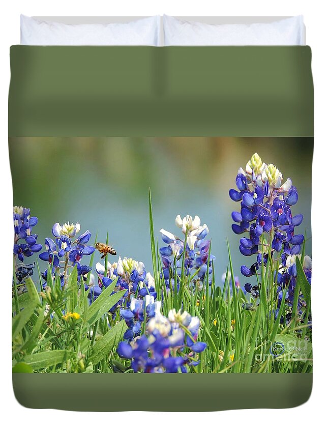 Texas Bluebonnets Duvet Cover featuring the photograph Buzzing The Bluebonnets 01 by Robert ONeil