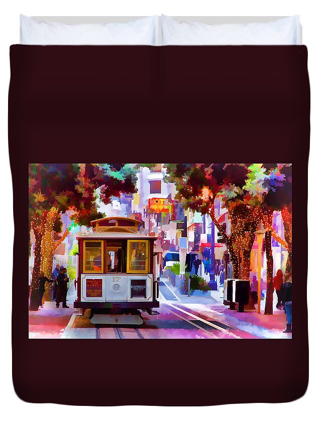 San Francisco Duvet Cover featuring the digital art Cable Car at the Powell Street Turnaround by Bill Gallagher
