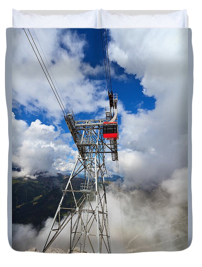 Aerial Duvet Cover featuring the photograph cableway in Italian Dolomites by Antonio Scarpi