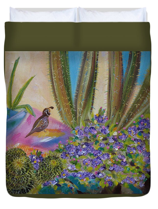 Southwestern Duvet Cover featuring the painting Cactus and Quail by Judith Rhue