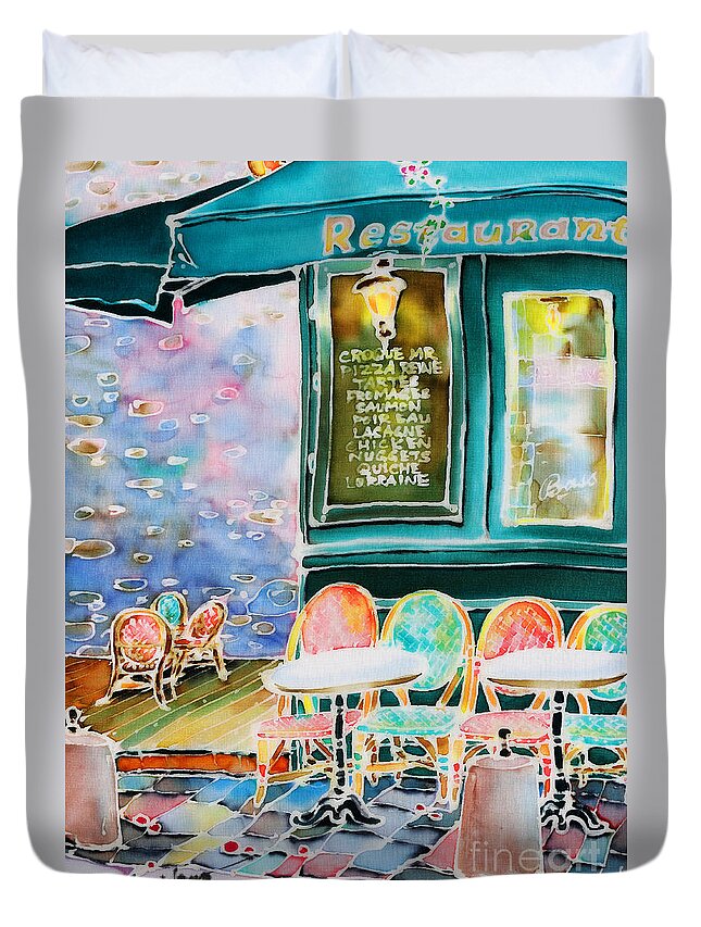 Cafe Duvet Cover featuring the painting Cafe in Montmartre by Hisayo OHTA