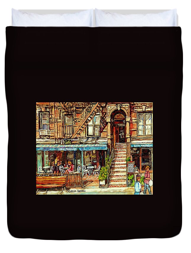 New York Duvet Cover featuring the painting Cafe Mogador Moroccan Mediterranean Cuisine New York Paintings East Village Storefronts Street Scene by Carole Spandau