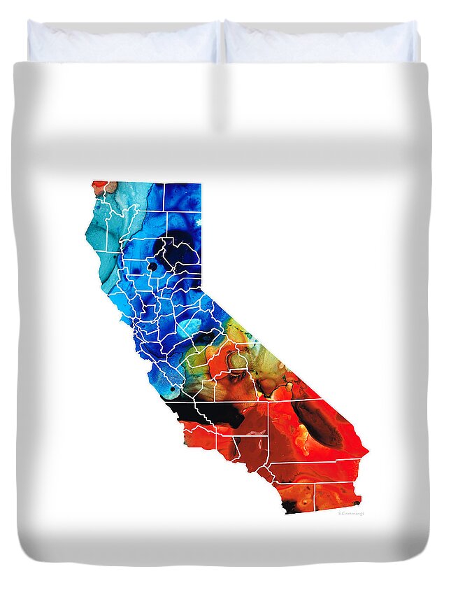Maps Duvet Cover featuring the painting California - Map Counties by Sharon Cummings by Sharon Cummings