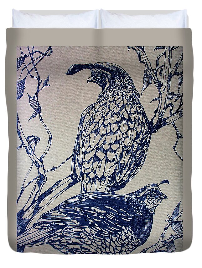 Birds Duvet Cover featuring the drawing California Quail by Derrick Higgins