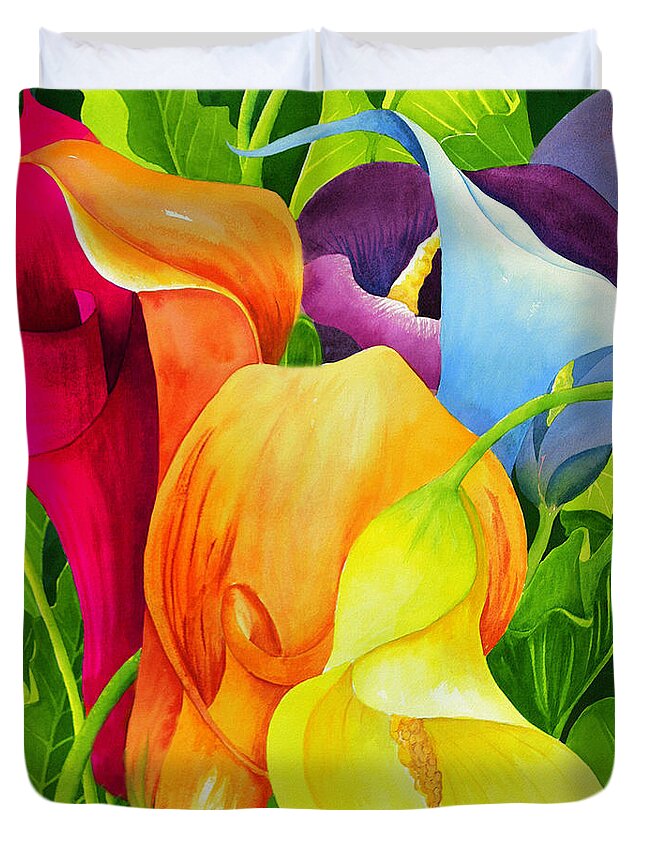 Flower Paintings Duvet Cover featuring the painting Calla Lily Rainbow by Janis Grau