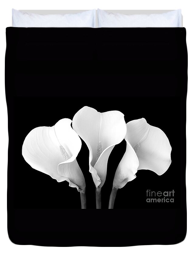 Cally Lily Duvet Cover featuring the photograph Calla Lily Trio in Black and White by Mary Deal